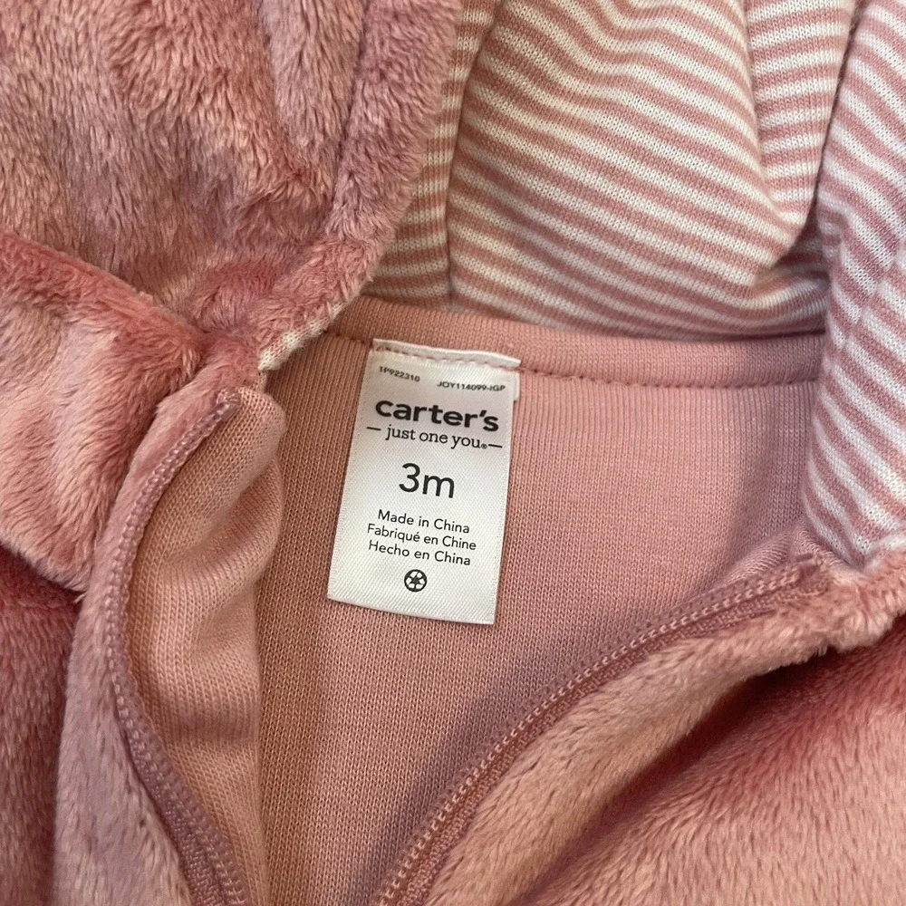 Carters Size 3 Months Baby Fox Fleece Plush One Piece Suit Zip Up Hood Feet Pink